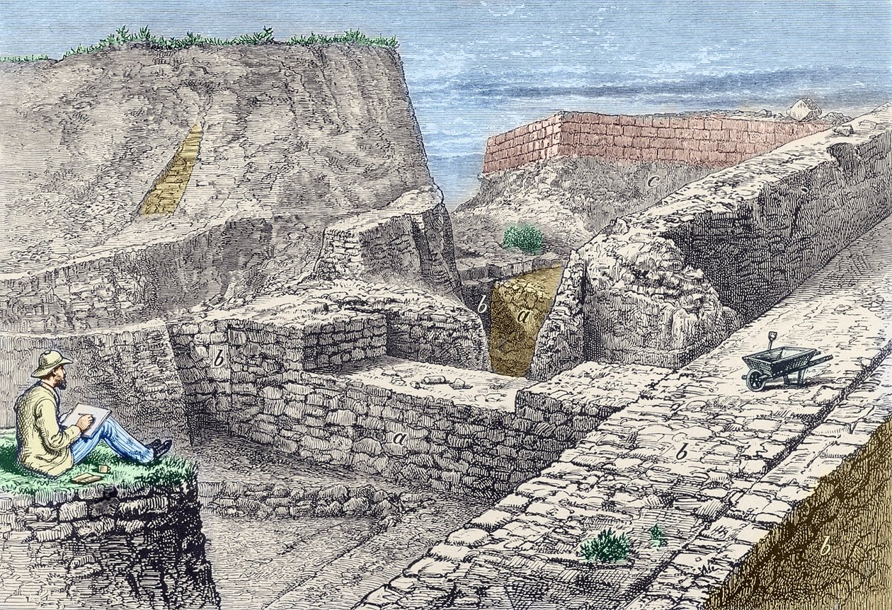 هاينريش شليمان يأخذ رسومات لجدران طروادة (Hissarlik) أثناء الحفريات بواسطة فنان غير معروف
