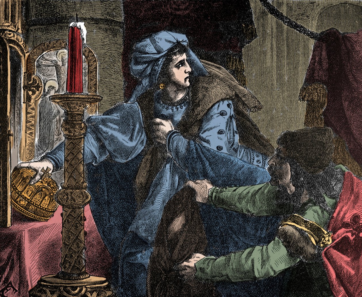 هيلين كوتانر (Kottanerin ، Kottannerin) (1439-1440) تسرق التاج الملكي للقديس ستيفن (التاج المجري المقدس) في 1440 (ستيفن الأول ملك المجر) ( بواسطة فنان غير معروف