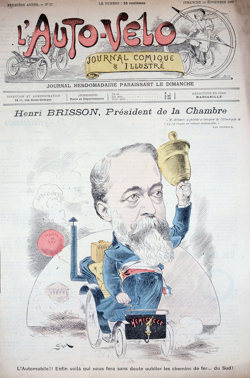 Henri Brisson en automobile (رئيس الغرفة) - في "" l'Auto-Vélo "" "" 14/11/1897 ، Bibl. لمدينة باريس. بواسطة فنان غير معروف