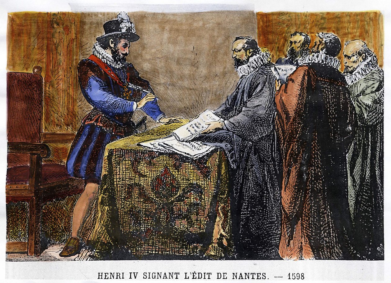 وقع هنري الرابع (1553 - 1610) على تحرير دي نانت في عام 1598. بواسطة فنان غير معروف