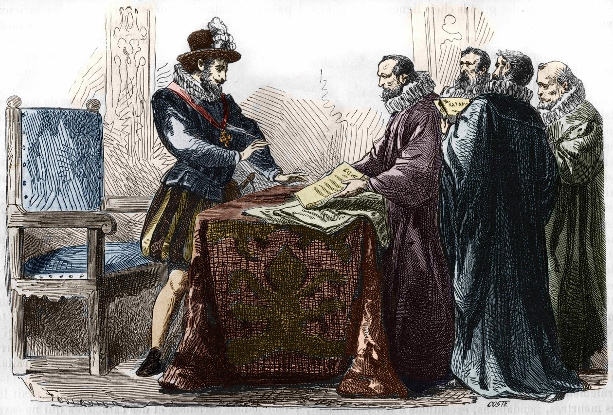 هنري الرابع (1553 - 1610) يوقع تحرير نانت في 13 أبريل 1598. بواسطة فنان غير معروف