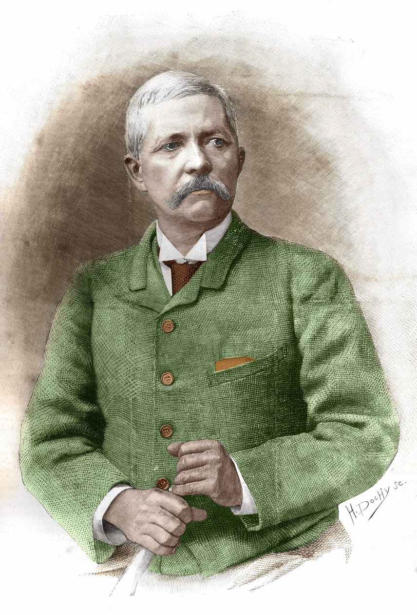 هنري مورتون ستانلي (1841 - 1904) في القاهرة في 17/1/1890. صحفي ومستكشف بريطاني. نقش القرن التاسع عشر. بواسطة فنان غير معروف