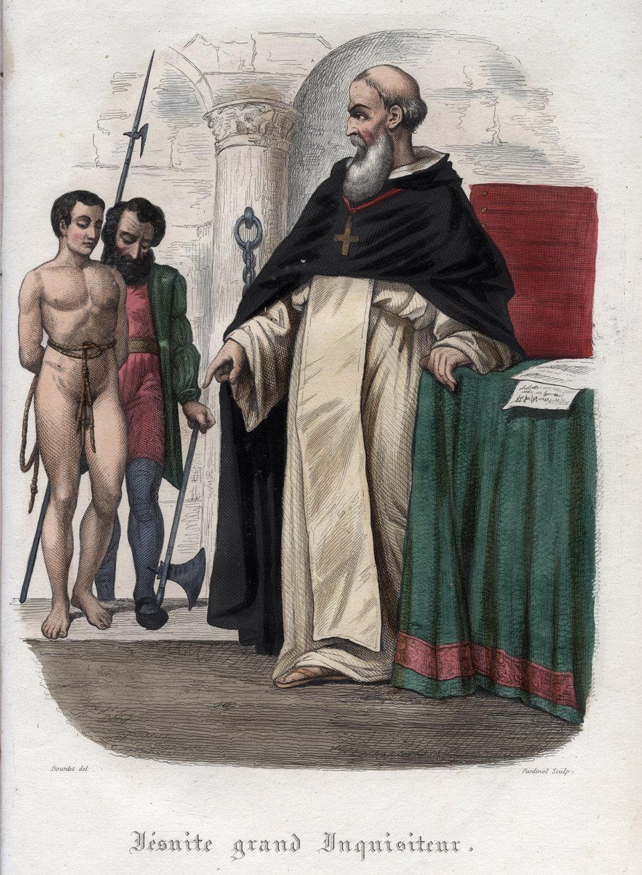 السجين الزنديق والمحقق اليسوعي الكبير في عهد البابا كليمنت الثامن (1592-1605). نقش من عام 1842 في "تاريخ الباباوات" لموريس لاشاتر. مجموعة خاصة. بواسطة فنان غير معروف