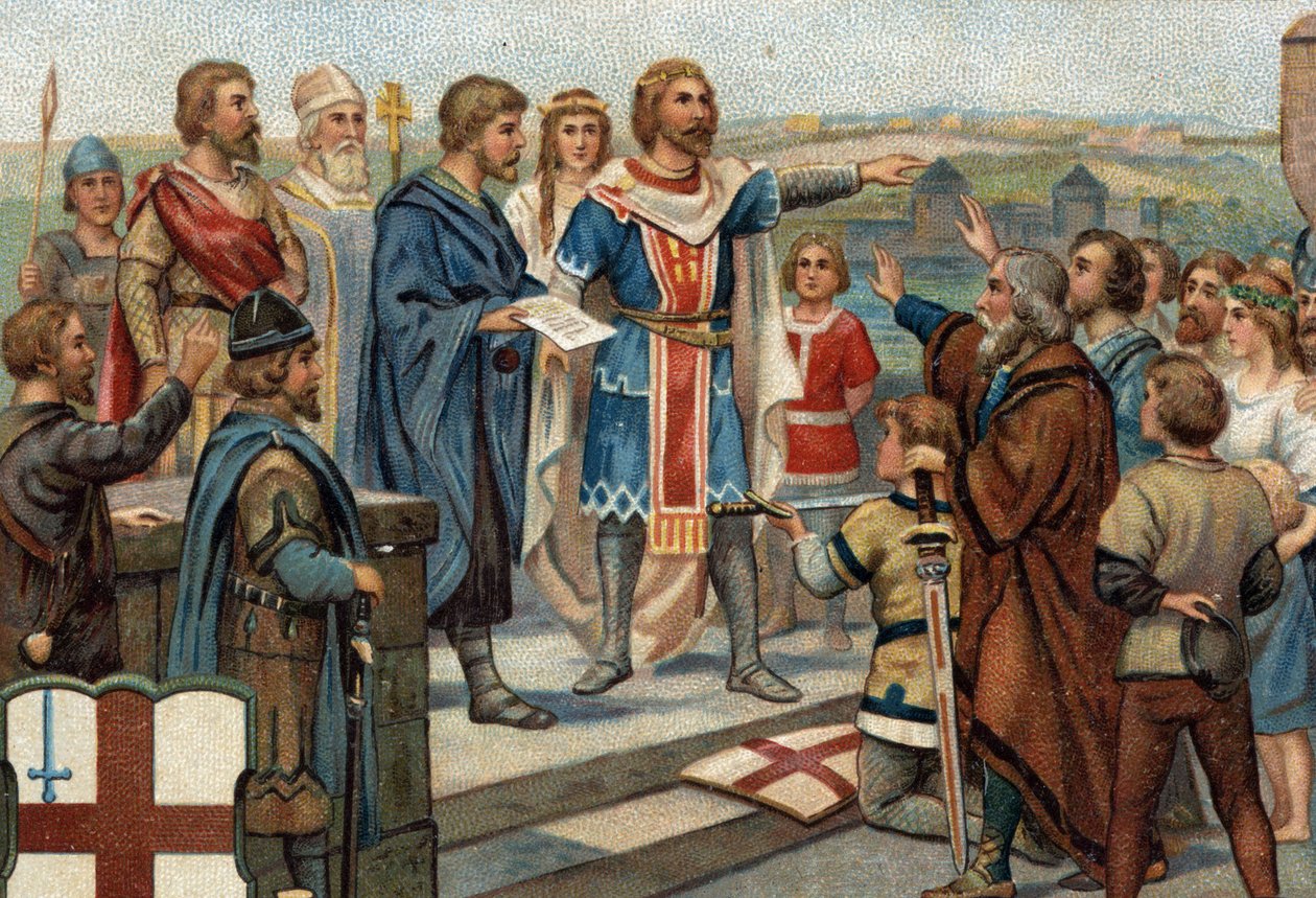 الحلقات التاريخية للمدن الشهيرة: أعاد ألفريد العظيم (849-899) لندن إلى سكانها السابقين (886) ، وشهد "سلام ألفريد وجوثروم" انتصار الأنجلو ساكسون ضد الدنماركيين (= الفايكنج). الطباعة الحجرية الملونة في القرن التاسع عشر. بواسطة فنان غير معروف