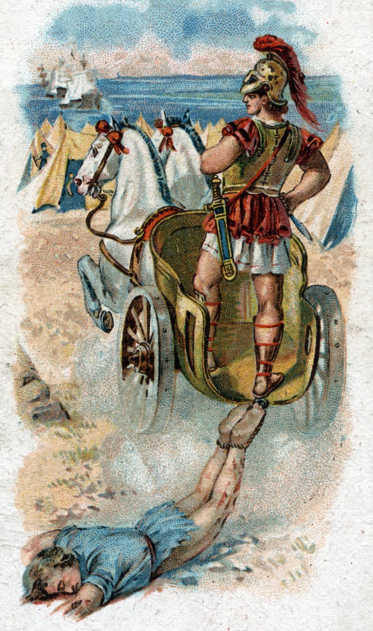 تاريخ حياة أخيل ، أبطال أسطوريون في حرب طروادة: أخيل يصرف جسد هيكتور خلف دبابته. الطباعة الحجرية الملونة لعام 1890. بواسطة فنان غير معروف