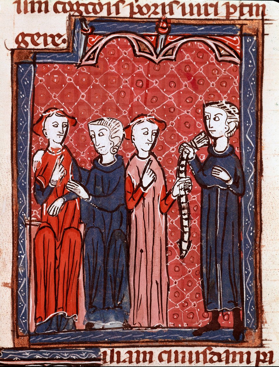 تاريخ القانون الكنسي: "امرأة محكوم عليها بحزام العفة" "صورة مصغرة مأخوذة من" Decret de Gratien "(" Concordia discordantium canonum "أو" Decretum Gratiani ") يرجع تاريخها إلى عام 1140 وتنظم قوانين وشرائع الكنيسة الرومانية الكاثوليكية . الثالث عشر بواسطة فنان غير معروف