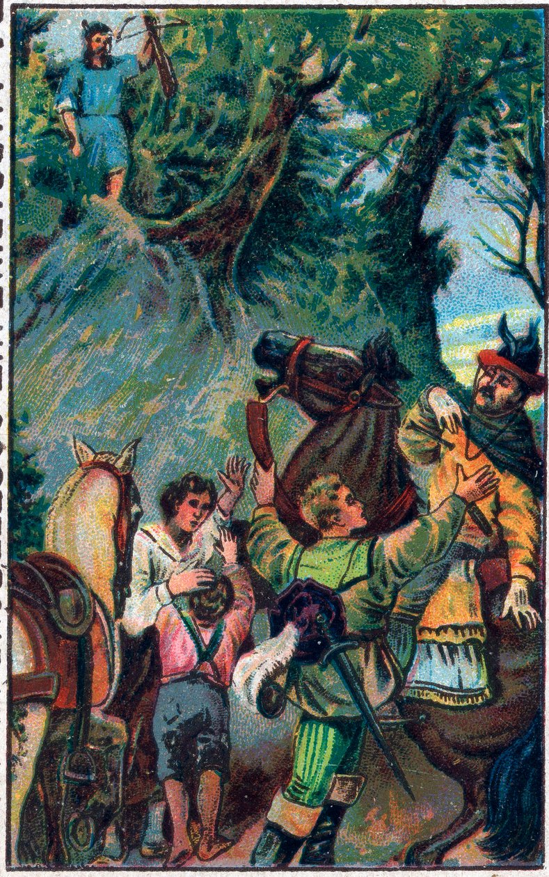 تاريخ Guillaume Tell (William Tell) (أبطال أسطوريون لاستقلال سويسرا): وفاة Gessler. الطباعة الحجرية الملونة في أواخر القرن التاسع عشر. بواسطة فنان غير معروف