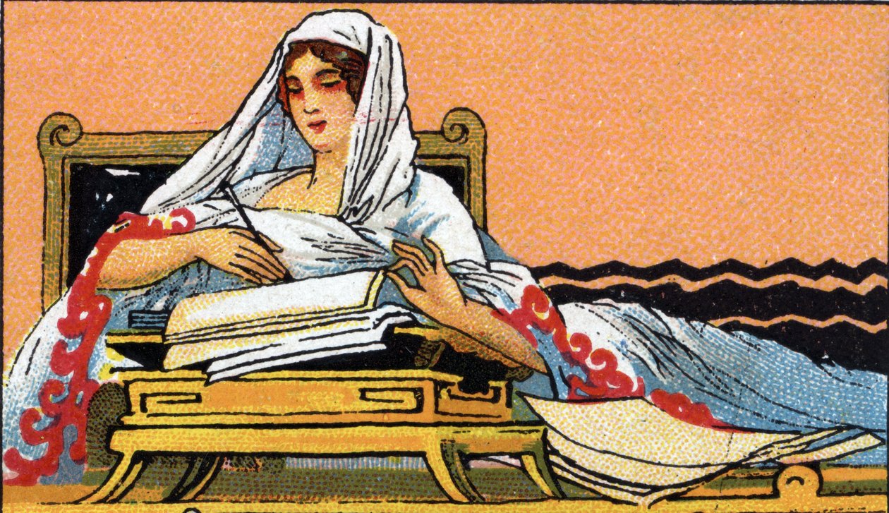 تاريخ الكتابة: شابة تكتب على دفتر ملاحظات باللغة اللاتينية، بداية القرن العشرين (كرومو) بواسطة فنان غير معروف
