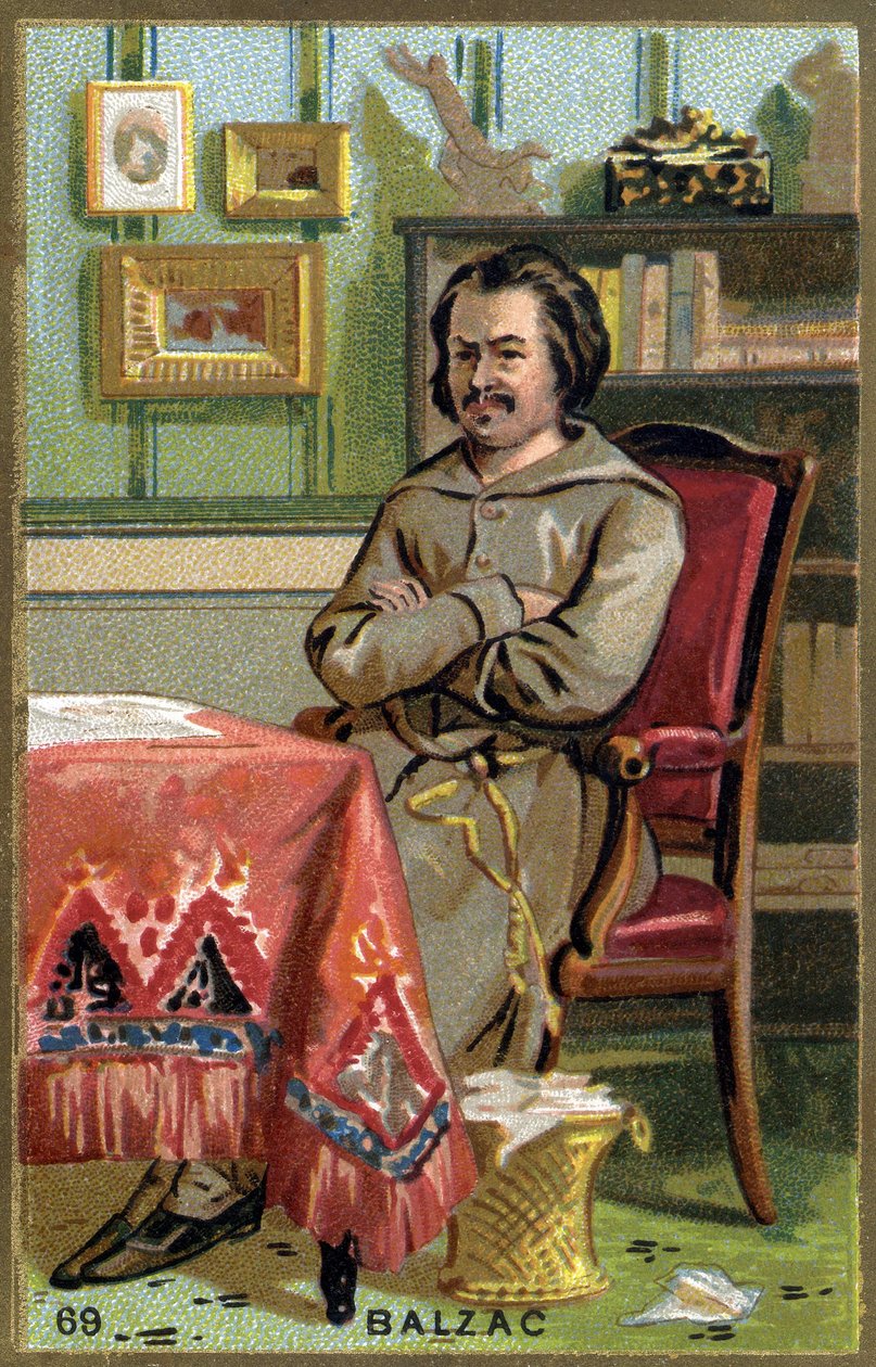 Honoré de Balzac (1799 - 1850) في مكتبه. الطباعة الحجرية الملونة في القرن التاسع عشر. بواسطة فنان غير معروف