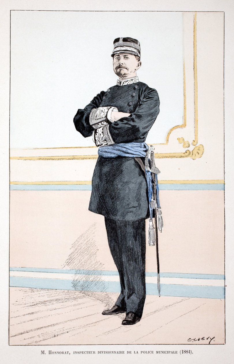 هونورات ، مفتش أقسام شرطة البلدية (1884). نقش بالألوان ، للتوضيح ، كتاب "Histoire du corps des gardeiens de la paix" "" "الذي نُشر تحت رعاية حاكم شرطة نهر السين لويس ليبين (1846-1933) ، بقلم ألفريد ري بواسطة فنان غير معروف