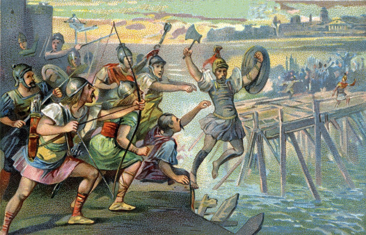Horatius Cocles (Horatius Le Borgne) ، أبطال أسطوريون دافعوا عن الجسر الوحيد الذي عبر نهر التيبر ، بينما تعرضت الجمهورية الرومانية الفتية للتهديد من قبل إتروسكي لارس بورسينا ، 507 قبل الميلاد. بواسطة فنان غير معروف