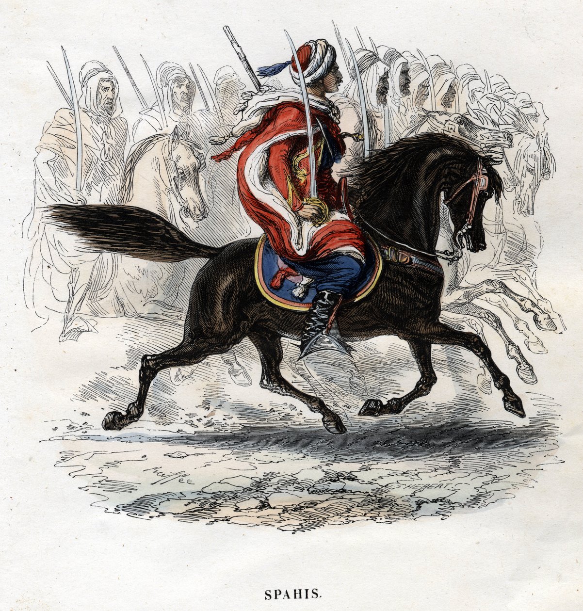 ظهور الخيل Spahis. نقش من عام 1844. بواسطة فنان غير معروف