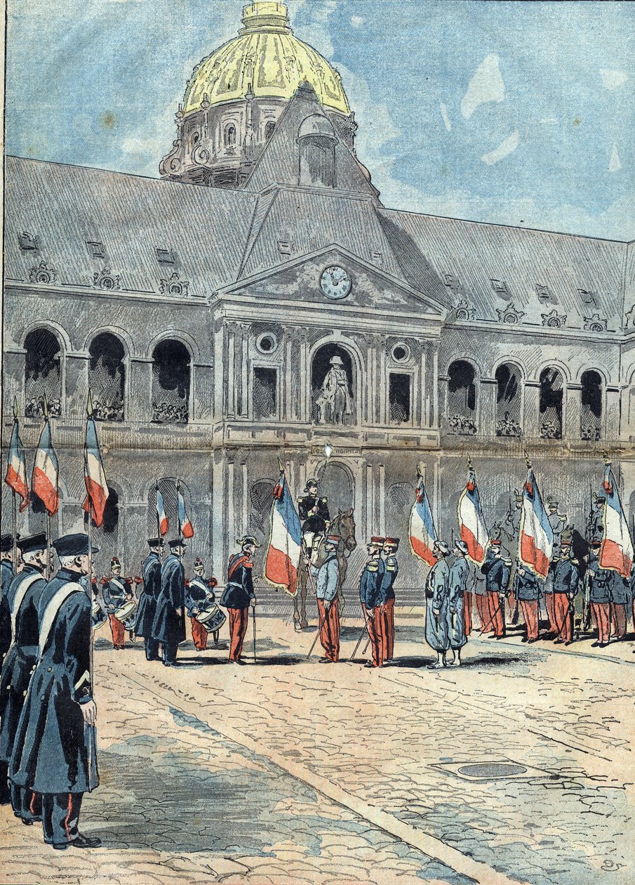 فندق des Invalides - باريس - 26 يونيو 1898: سلم الوفد إلى الجنرال Arnoux ، حاكم Invalides ، علم فوج الجزائر aui في 30 سبتمبر 1895 في قصر ملكة Tananarive. رسم توضيحي في "" Le Pelerin " بواسطة فنان غير معروف
