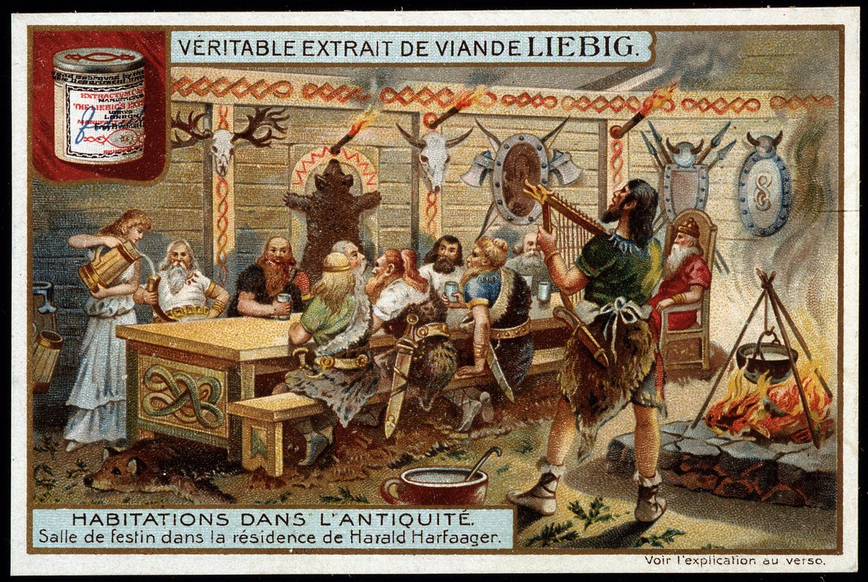 منازل في العصور القديمة: غرفة العيد في مقر إقامة Harald I Harfager (850-933) dit Belle Chevelure ، ملك النرويج - Liebig chromolithography بواسطة فنان غير معروف