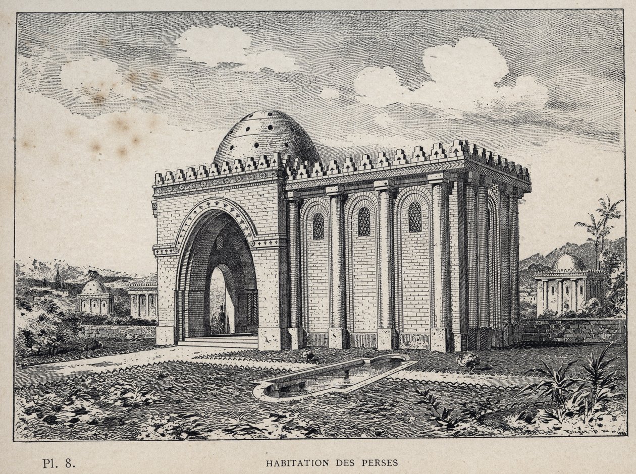 إسكان الفرس - نقش عام 1889 في "تاريخ سكن الإنسان في المعرض العالمي لعام 1889 ، بقلم السيد تشارلز غارنييه - Librairie centrale des beaux-Arts باريس 1889 بواسطة فنان غير معروف