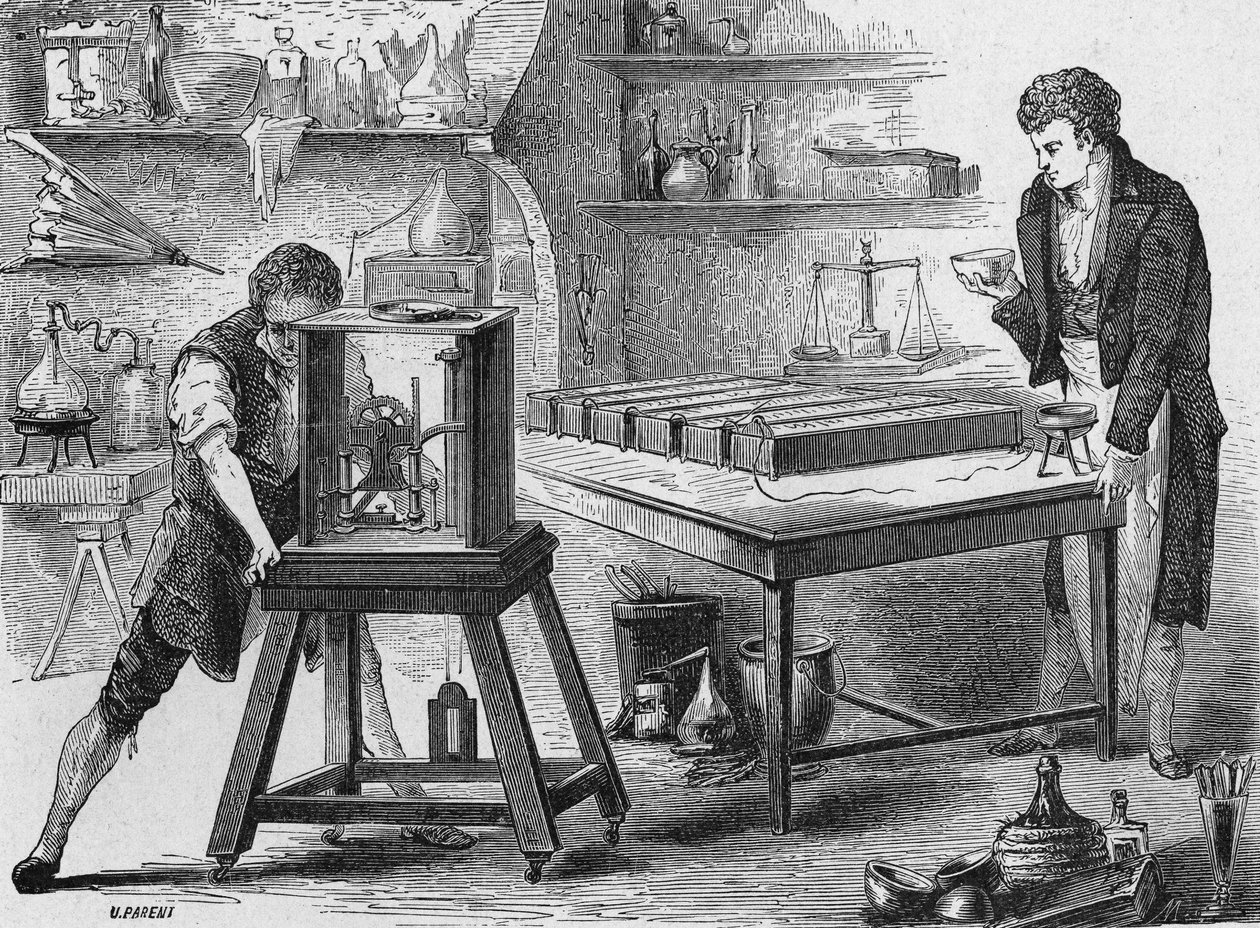 همفري ديفي يكسر القلويات بواسطة البطارية الفولتية. في "Album de la Science" ، Éditions Jouvet بواسطة فنان غير معروف