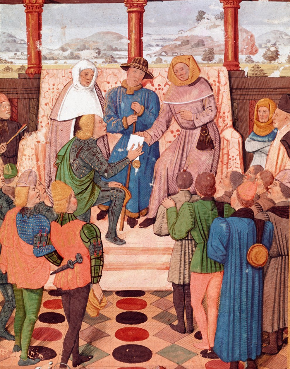 حرب المائة عام: "" تشارلز السابع (1403-1461) يقدم وثيقة إلى جان دارك (1412-1431) "" صورة مصغرة من مخطوطة "" Le Jouvencel "" بقلم جون الخامس من بويل (1406-1477) ، رفيق من جان دارك الإبلاغ عن حصار أورليانز. 1461-1468 ا بواسطة فنان غير معروف