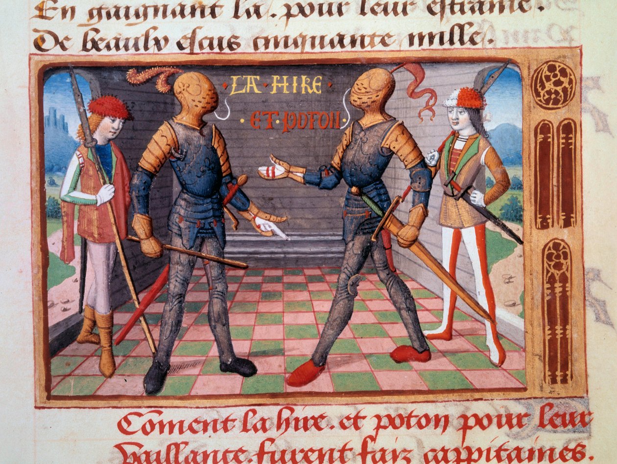 حرب المائة عام: "Etienne de Vignoles or Vignolles dit La Hire (Lahire) (1390-1443) وجان بوتون ، سيد Xaintrailles (أو Saintrailles) (v. 1400 to 1461) ، رفقاء Joan of Arc ، أصبحوا نقباء "" منمنمة مضاءة من مخطوطة "" Vig بواسطة فنان غير معروف