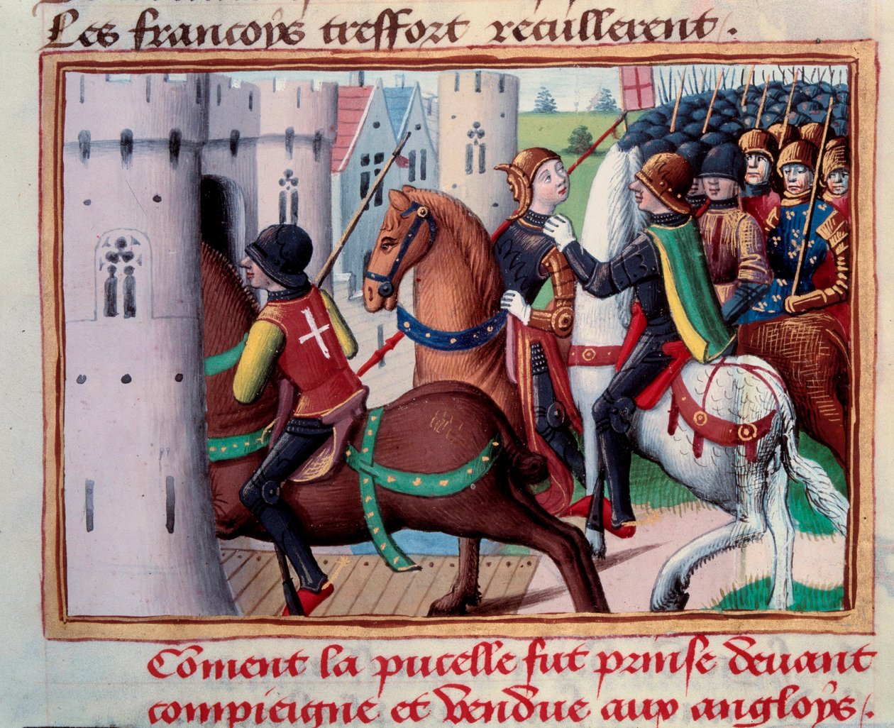 حرب المائة عام: جان دارك (1412-1431) أسيرة قبل كومبيين 24 مايو 1429. صورة مصغرة من مخطوطة "" Vigilles du roi Charles VII "" بقلم Martial d