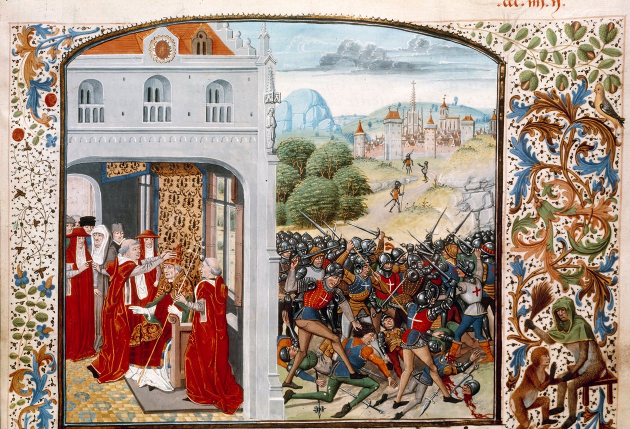 حرب المائة عام: "" توج البابا غريغوار الحادي عشر (1329-1378) أفينيون عام 1370. معركة بونتفالان بين الفرنسية والإنجليزية في 4/12/1370 "" صورة مصغرة من "سجلات" بقلم جان فرويسارت (1337-1400) القرن الخامس عشر في باريس. BN بواسطة فنان غير معروف