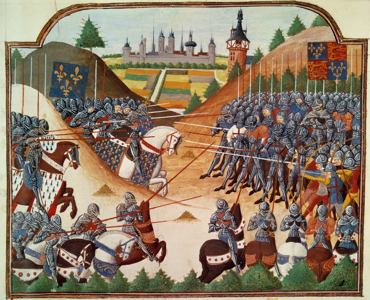 حرب المائة عام: معركة فورميني (كالفادوس) في 15/4/1450 بين جيش توماس كيريل الإنجليزي وجان دي كليرمون. المنمنمات المزخرفة من مخطوطة "Vigiles du roi Charles VII" "في سجلات جان شارتييه ، من تحرير مار بواسطة فنان غير معروف