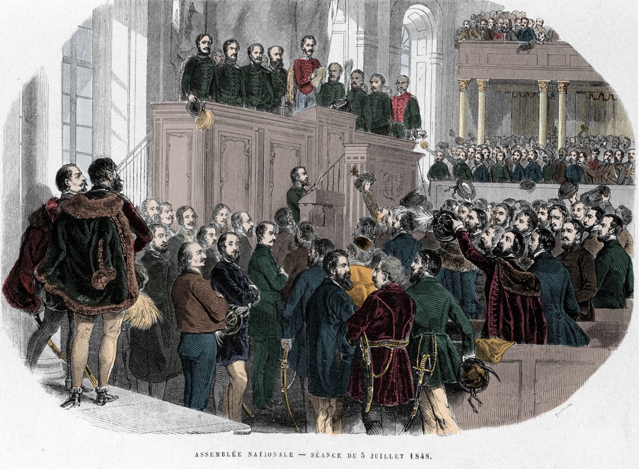 الثورة المجرية لعام 1848: الاجتماع الأول للجمعية الوطنية في المجر في 5 يوليو 1848. نقش في "المجر التاريخية بقلم جيه بولديني باريس 1853" بواسطة فنان غير معروف