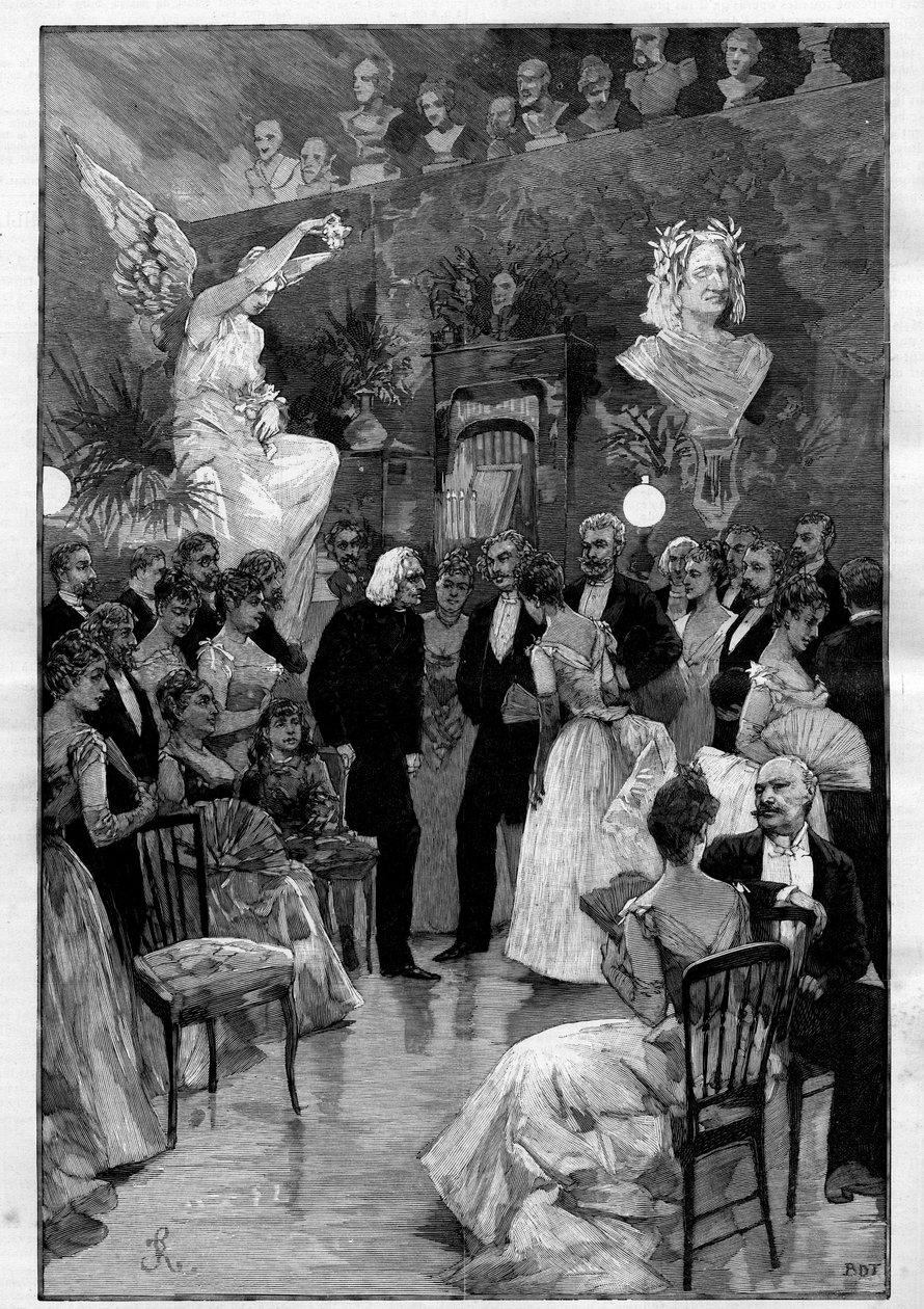 الملحن وعازف البيانو المجري فرانز ليزت (1811-1886) في باريس خلال احتفال على شرفه في ورشة النحات سيبريان جوديبسكي (1835 - 1909). نقش في "" لوموند اللامع "" بواسطة فنان غير معروف