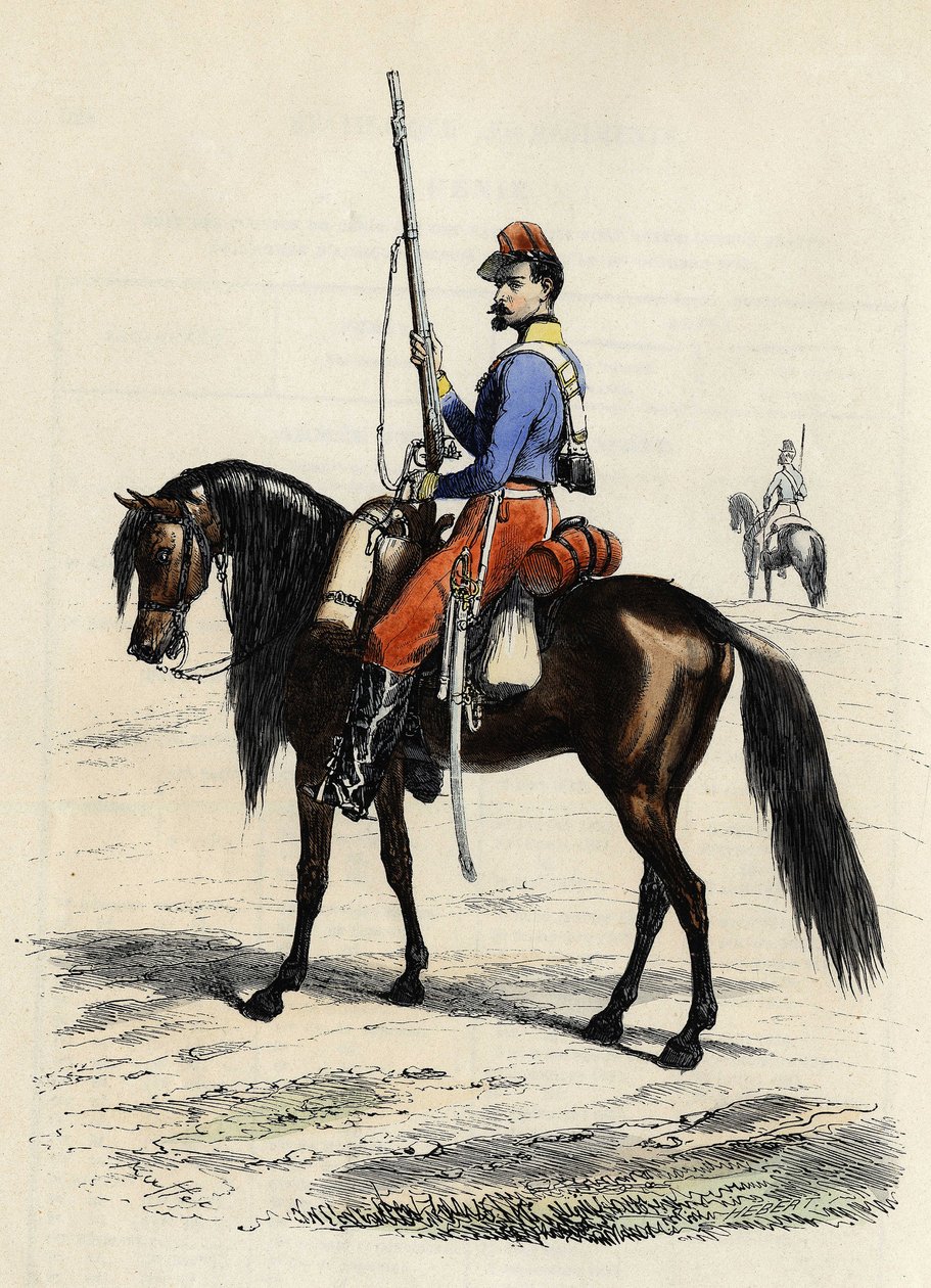 صياد إفريقيا على ظهور الخيل ، فوج تأسس عام 1831 وكان موجودًا في الجزائر عام 1832 ، في "L'Algerie ancienne et moderne" بقلم ليون جاليبير بواسطة فنان غير معروف