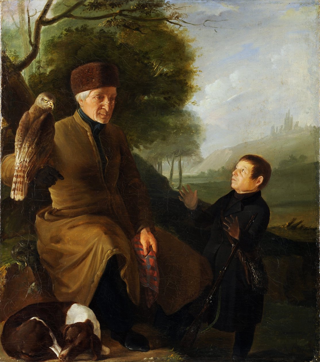صياد مع الصقر. صورة للأمير بلاتون ألكساندروفيتش زوبوف (1767-1822) وإيفان أندريفيتش ياكوبوفسكي (1770-1864) ، مجهول. زيت على قماش ، نهاية عام 1810 ، متحف الدولة للعمارة والتاريخ والفن ، فلاديمير بواسطة فنان غير معروف