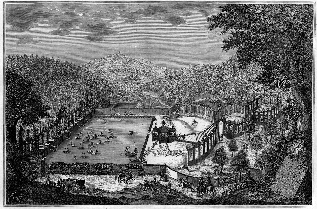 الصيد في ألمانيا في القرن الثامن عشر: صيد الغزلان بالقرب من ليونبرج عام 1748. (من صورة فوتوغرافية). نقش في "" La Nature: revue des sciences et de leurs applications aux Arts et a l'industrie "" بتاريخ ١٣ يونيو ١٨٩١. بواسطة فنان غير معروف