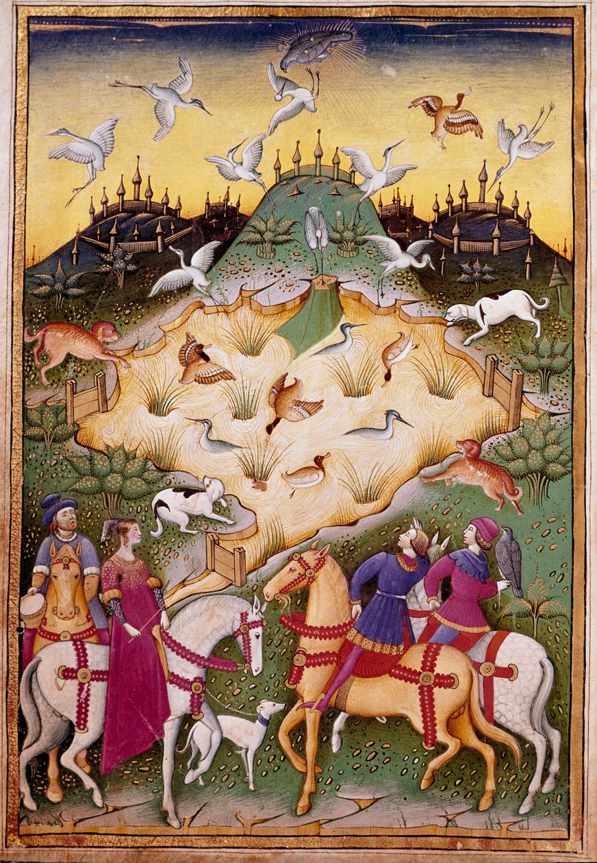 مشهد صيد مع الصقور صورة مصغرة من "" تعامل مع الصقارة والتحف مع شعار وشعار دوق سفورزا "1459 (ms. 1375) شانتيلي ، متحف كوندي بواسطة فنان غير معروف