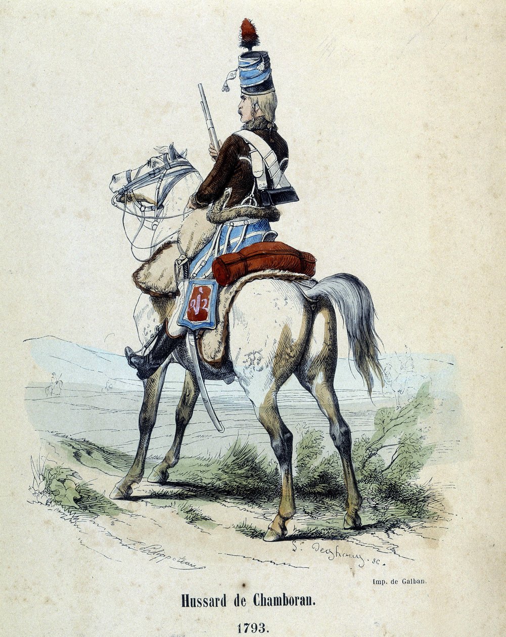 هوسارد دي شامبوران عام 1793 على ظهور الخيل. بواسطة فنان غير معروف