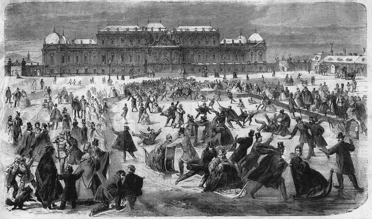 التزلج على الجليد في ساحة بلفيدير في فيينا عام 1864. بواسطة فنان غير معروف
