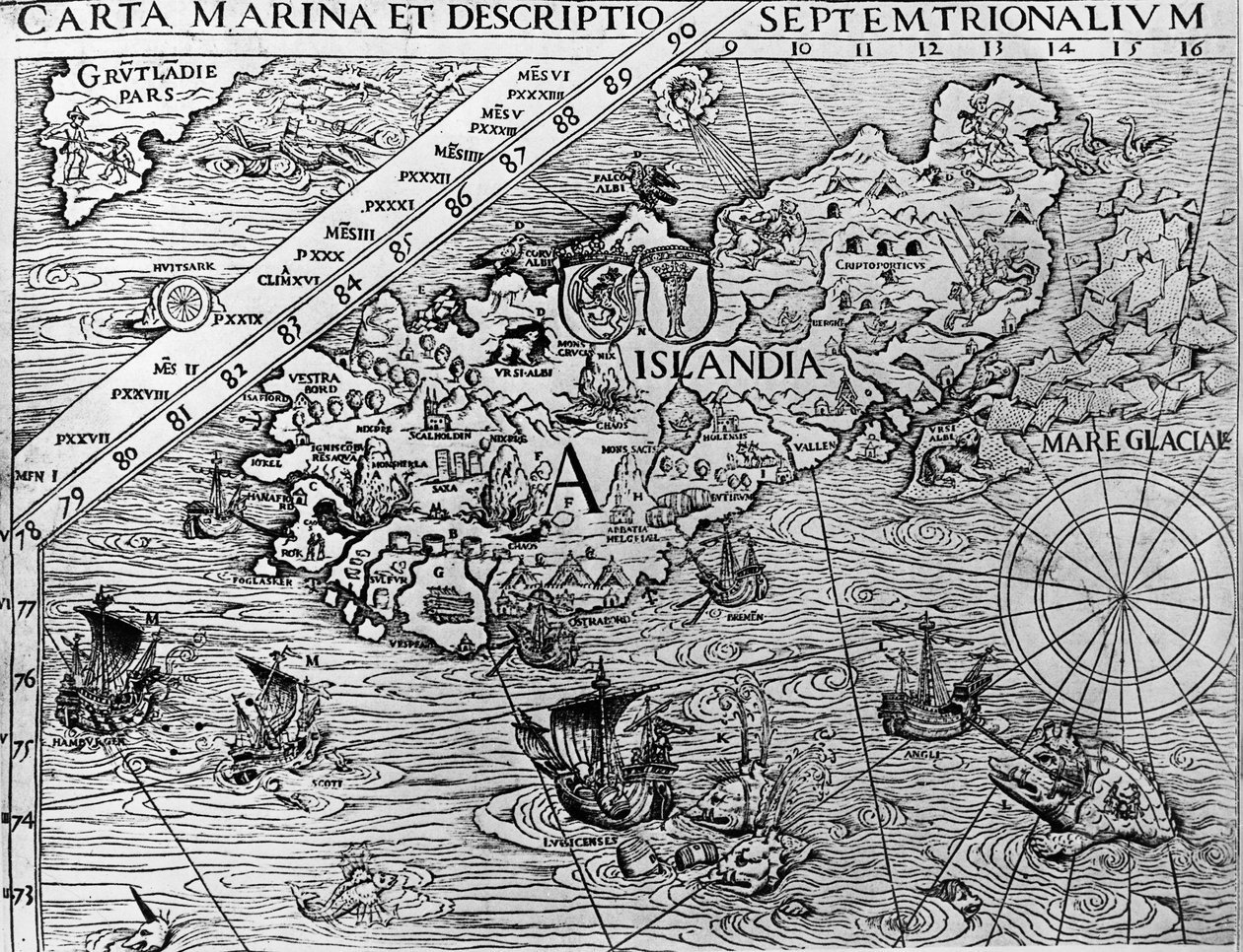 أيسلندا ، حوالي 1539 ، تفاصيل من كارتا مارينا من قبل رئيس الأساقفة السويدي ، أولاوس ماغنوس (1490-1557) بواسطة فنان غير معروف
