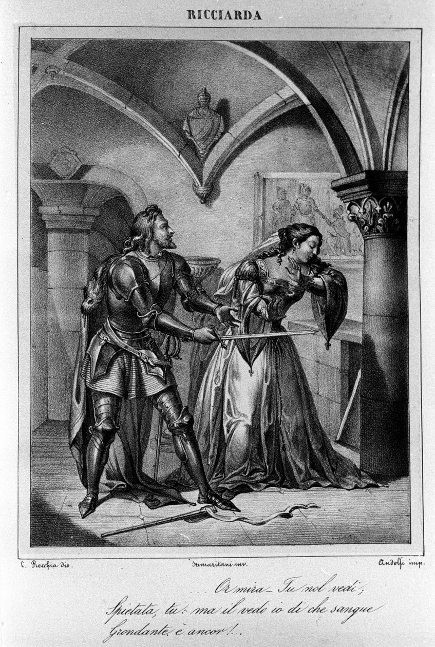 رسم توضيحي للفصل الرابع من "Ricciarda" للشاعر والكاتب المسرحي الإيطالي أوغو فوسكولو (1778-1827) القرن التاسع عشر بواسطة فنان غير معروف