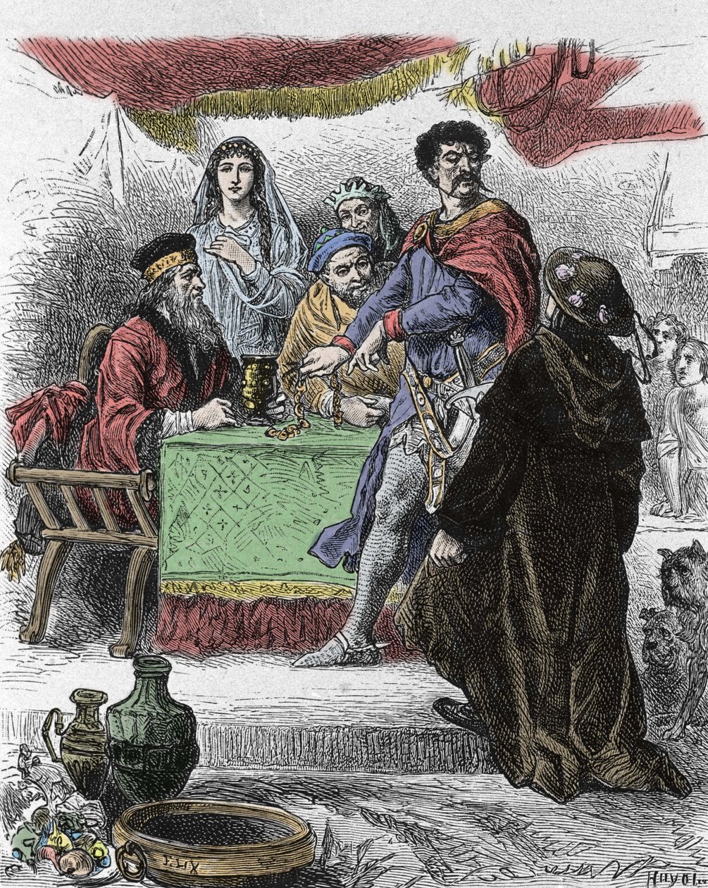 رسم توضيحي لـ "Ivanhoe" بواسطة والتر سكوت (1771-1832) ، الكاتب الاسكتلندي: تم تحدي Ivanhoe من قبل Saxon Knight Brian de Bois Guilbert. بواسطة فنان غير معروف