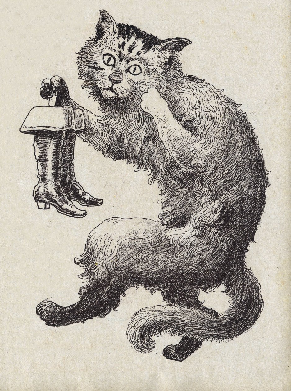 رسم توضيحي لـ "Le chat Botte" "، حكاية تشارلز بيرولت (1628-1703) ، كاتب فرنسي. توضيح مجهول. الصور مارسيل فاني ، جارفيل نانسي ، بدون تاريخ (أواخر القرن التاسع عشر). بواسطة فنان غير معروف