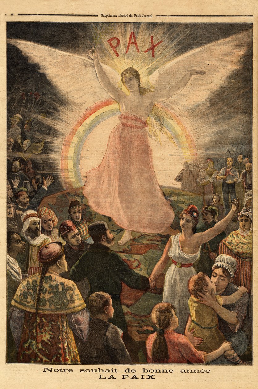 رسم توضيحي لتحية العام الجديد 1894 ، السلام لجميع الأمم. نقش في "" مجلة Le petit "" 1/01/1894. مجموعة سيلفا. بواسطة فنان غير معروف