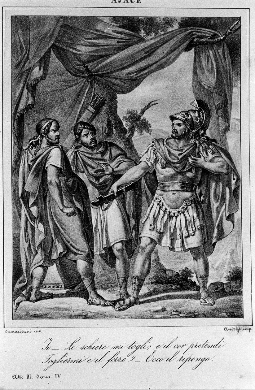 رسم توضيحي للمشهد 3 من الفصل الرابع لـ "Ajax" (Aiace) للشاعر والكاتب المسرحي الإيطالي أوغو فوسكولو (1778-1827) القرن التاسع عشر بواسطة فنان غير معروف