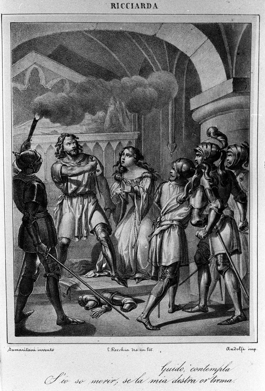 رسم توضيحي للمشهد الأخير من الفصل الخامس من "Ricciarda" للشاعر والكاتب المسرحي الإيطالي أوغو فوسكولو (1778-1827) القرن التاسع عشر بواسطة فنان غير معروف