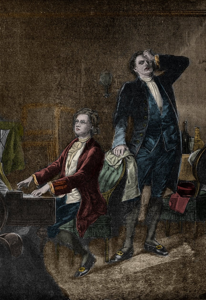 رسم توضيحي من الدراما "" موتسارت وساليري "" ، بقلم ألكسندر بوشكين ، كتب عام 1830 - أنطونيو ساليري غيور من قبل فولفغانغ أماديوس موزارت بواسطة فنان غير معروف