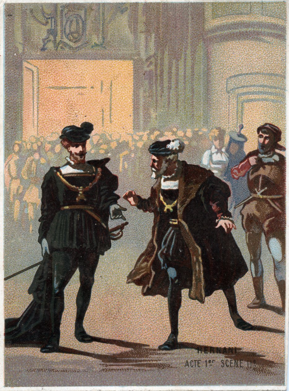 رسم توضيحي لـ "" إرناني "للملحن الإيطالي جوزيبي فيردي (1813 - 1901) ، الفصل الأول ، المشهد الثاني أوبرا تم إنشاؤها في عام 1844 بعد مأساة" هرناني "للمخرج فيكتور هوغو. الطباعة الحجرية الملونة في أواخر القرن التاسع عشر. بواسطة فنان غير معروف