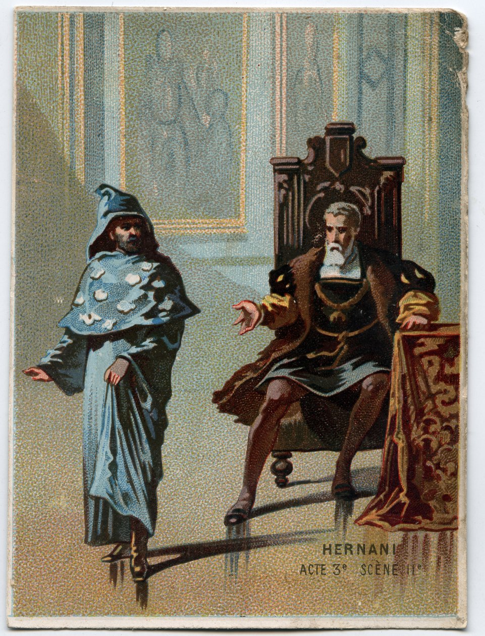 رسم إيضاحي لـ "" إرناني "للملحن الإيطالي جوزيبي فيردي (1813 - 1901) ، الفصل 3 ، المشهد 2 أوبرا تم إنشاؤها في عام 1844 بعد مأساة" هرناني "لفيكتور هوغو. الطباعة الحجرية الملونة في أواخر القرن التاسع عشر. بواسطة فنان غير معروف
