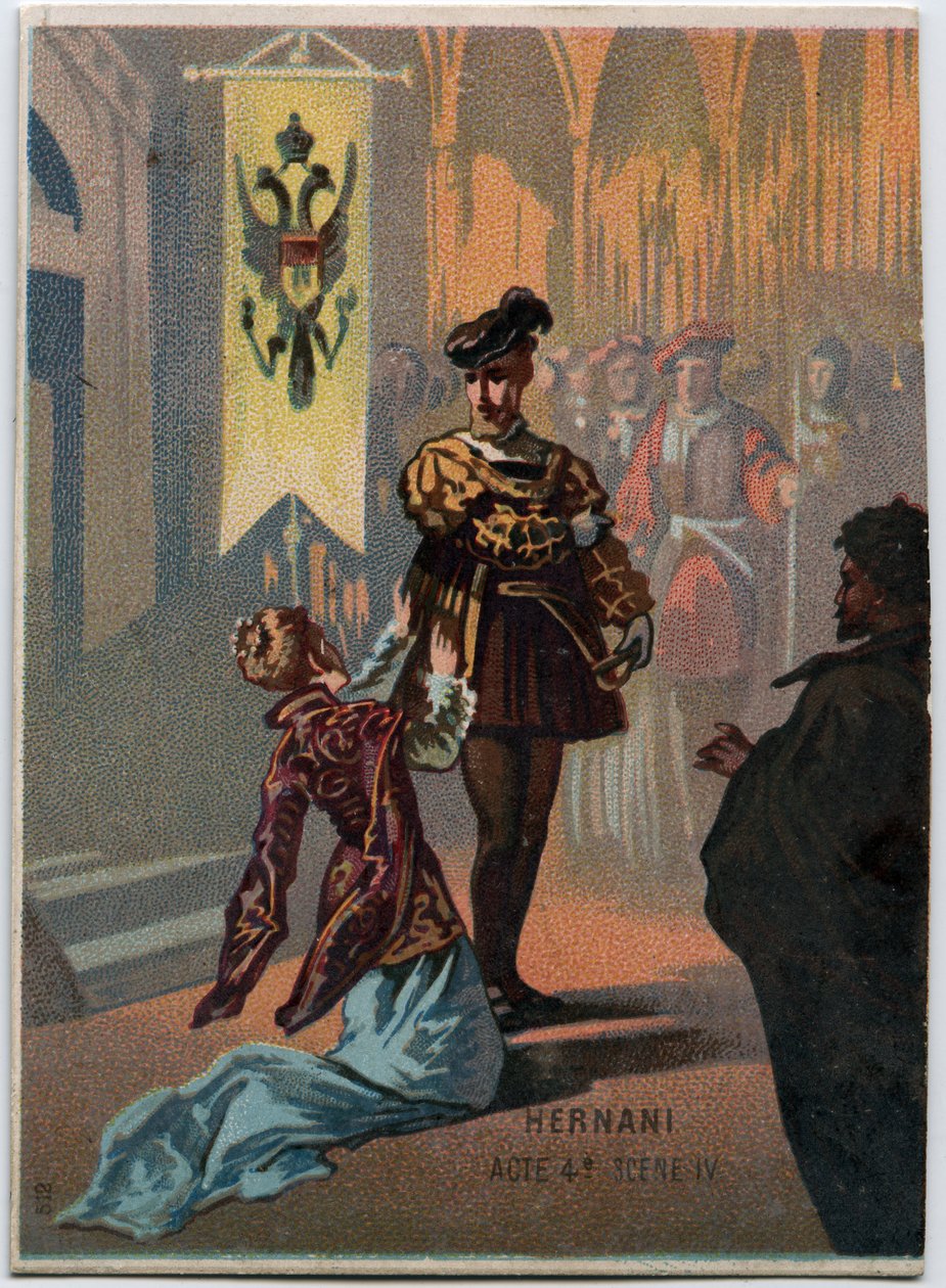 رسم توضيحي لـ "" إرناني "للمؤلف الموسيقي الإيطالي جوزيبي فيردي (1813 - 1901) ، الفصل الرابع ، أوبرا المشهد الرابع التي تم إنشاؤها في عام 1844 بعد مأساة" هرناني "للمخرج فيكتور هوغو. الطباعة الحجرية الملونة في أواخر القرن التاسع عشر. بواسطة فنان غير معروف