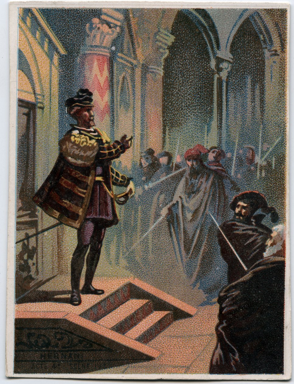 رسم توضيحي لـ "" إرناني "للملحن الإيطالي جوزيبي فيردي (1813 - 1901) ، الفصل الرابع ، المشهد الأول الذي تم إنشاؤه في عام 1844 بعد مأساة" هرناني "للمخرج فيكتور هوغو. الطباعة الحجرية الملونة في أواخر القرن التاسع عشر. بواسطة فنان غير معروف