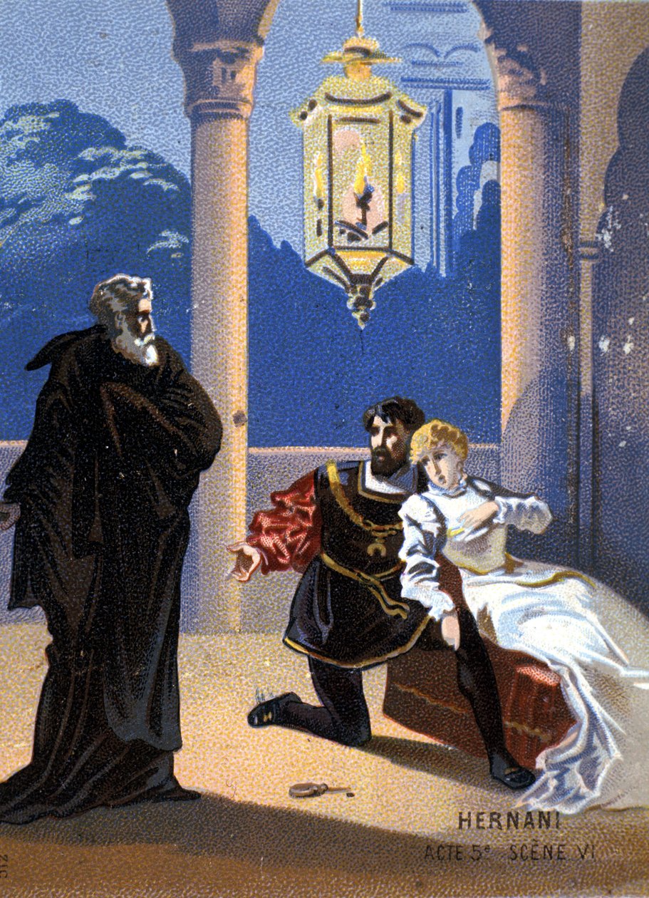 رسم توضيحي لـ "إرناني" للملحن الإيطالي جوزيبي فيردي (1813 - 1901) ، الفصل الخامس ، المشهد 6 ، أوبرا تم إنشاؤها عام 1844 بعد مأساة فيكتور هوجو "هرناني". الطباعة الحجرية الملونة في أواخر القرن التاسع عشر .. بواسطة فنان غير معروف