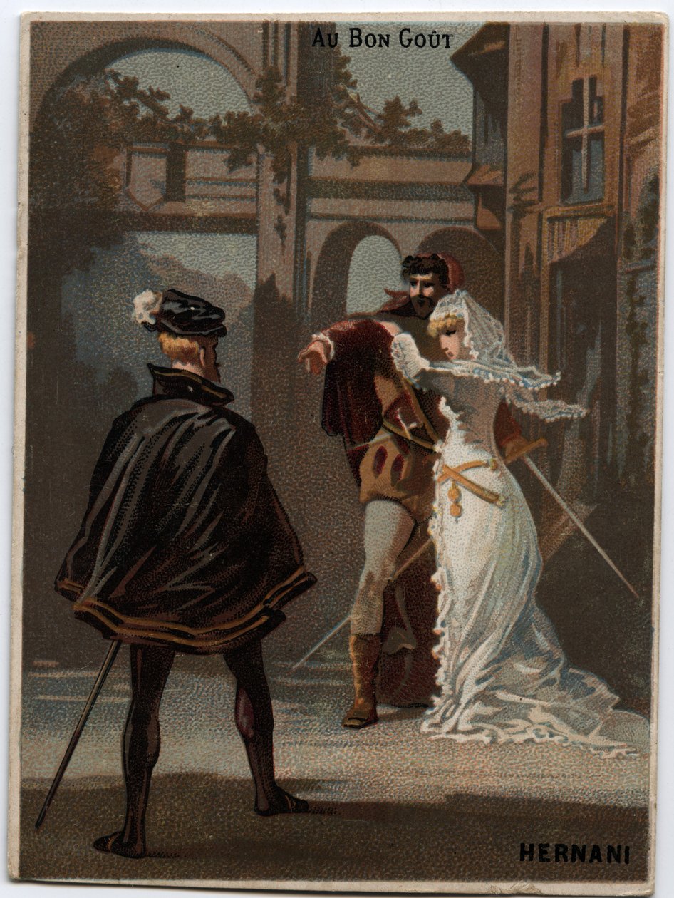رسم توضيحي لـ "إرناني" للمؤلف الموسيقي الإيطالي جوزيبي فيردي (1813 - 1901) ، أوبرا أُنشئت عام 1844 بعد مأساة "هرناني" لفيكتور هوجو. الطباعة الحجرية الملونة في أواخر القرن التاسع عشر. بواسطة فنان غير معروف
