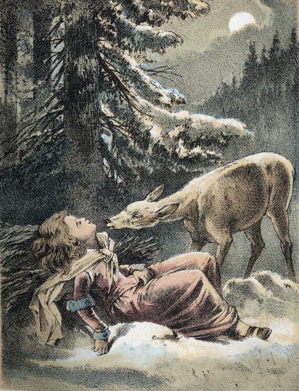 رسم توضيحي لحكايات فرانز هوفمان "" حكايات وخرافات - Von Weifsh¿ndchen und breitf¿fschen ": فتاة أغمي عليها في الثلج وغزال. الطباعة الحجرية الملونة في القرن التاسع عشر. بواسطة فنان غير معروف