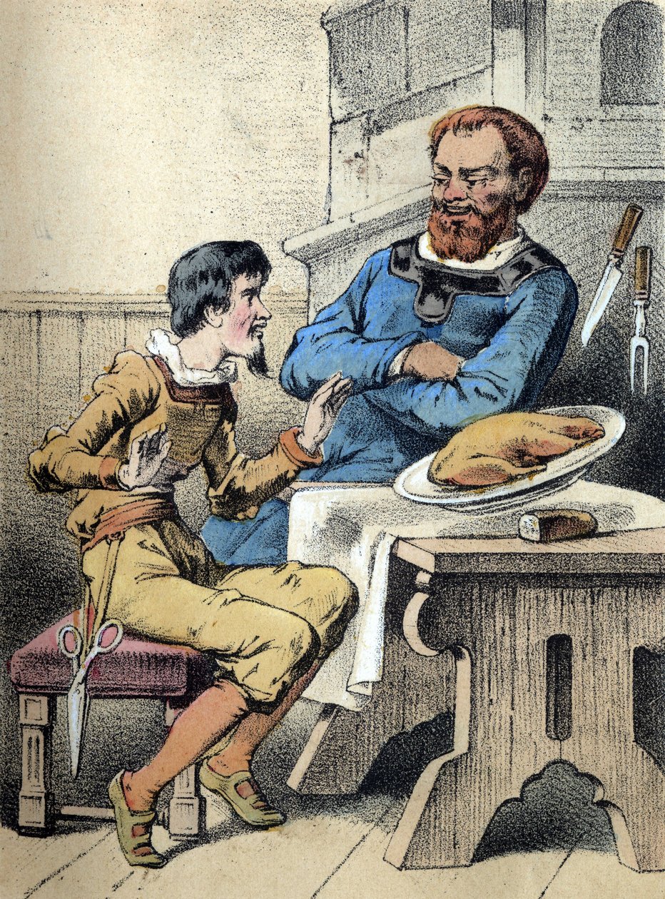 رسم توضيحي لحكايات فرانز هوفمان "" حكايات وأساطير - الخياط الصغير المرح "". الطباعة الحجرية الملونة في القرن التاسع عشر. بواسطة فنان غير معروف