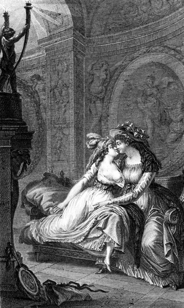 رسم توضيحي لـ "الروابط الخطيرة" بواسطة Choderlos de Laclos (1741 - 1803): مشهد من التحرر بين امرأتين. بواسطة فنان غير معروف